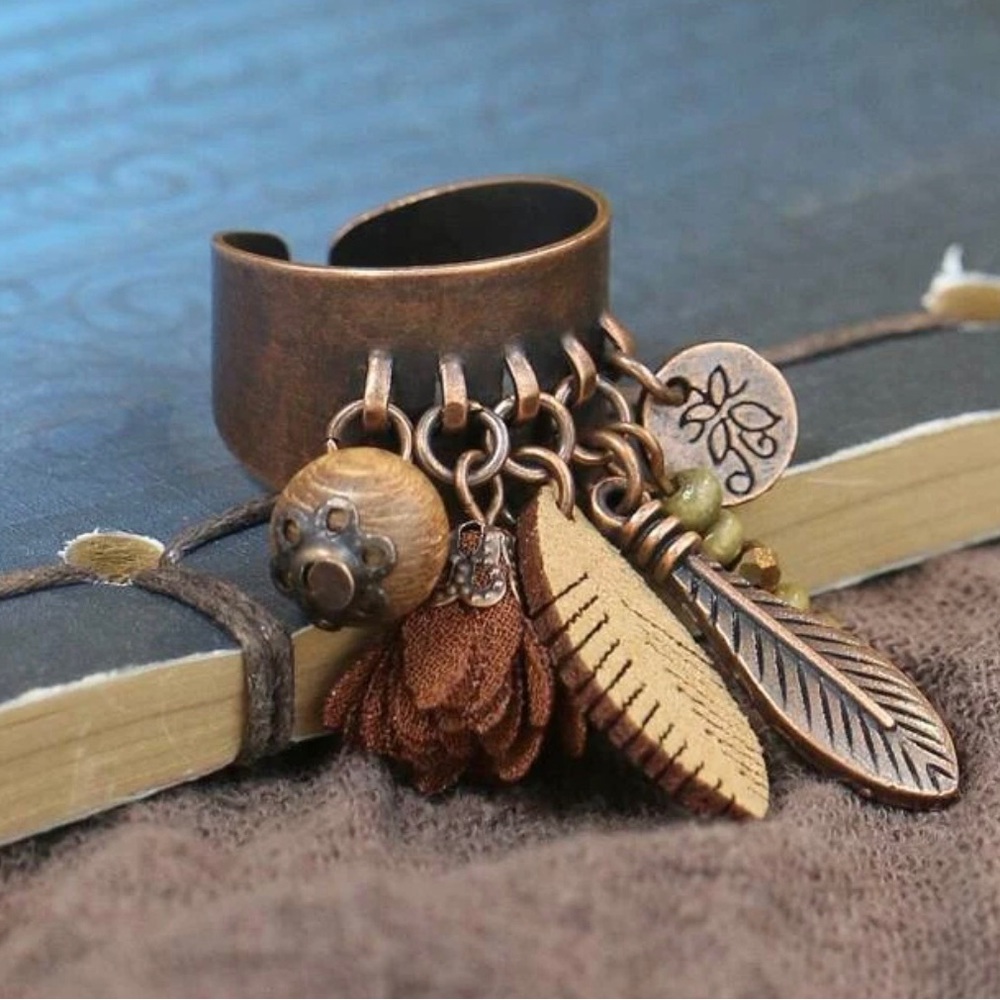 Bohemian Hippie Dangling Charms Wood Bead Feather Fabric Flower Copper Adj Ring - Picture 11 of 16